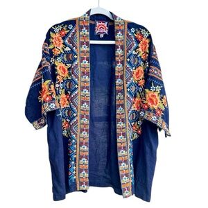 Johnny Was Blue Linen Embroidered Light Jacket Top Size Medium